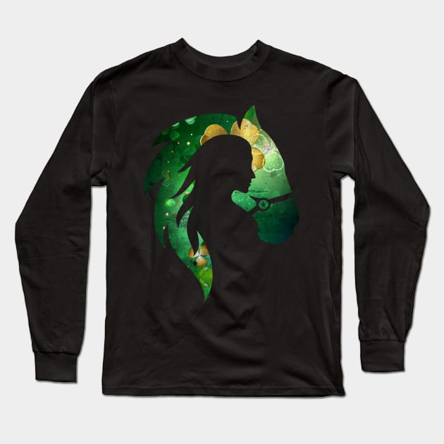 Irish Girl and Horse with Shamrock Pattern Vintage Distressed Design Long Sleeve T-Shirt by star trek fanart and more